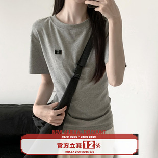 pinksavior掐腰夏日棉质显瘦遮肉灰白织标短袖
