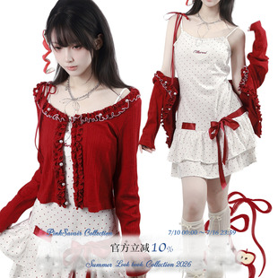 pinksavior【糖霜莓莓】美式红白撞色波点针织裙红色小开衫夏日