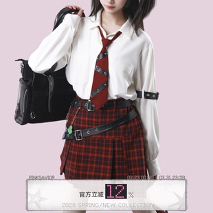 斜摆格纹压褶设计感皮带腿套半裙 chara pinksavior shugo