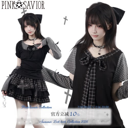 pinksavior【古早序章】系带短袖波点连衣裙拼接格纹设计显瘦