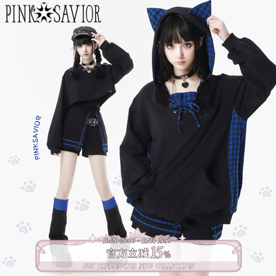 显瘦套装蓝格绑带拼接设计猫耳