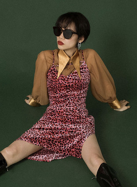 self define博主豹纹修身显瘦西装内搭打底裙ins风过膝丝绒连衣裙