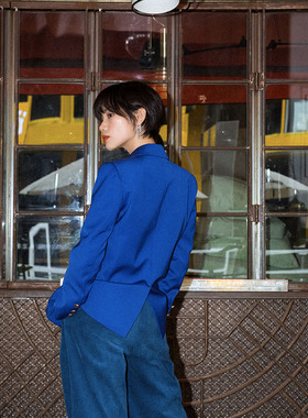 self define自制复古蓝色港风韩版宽松气质垂感ins风薄款西装外套