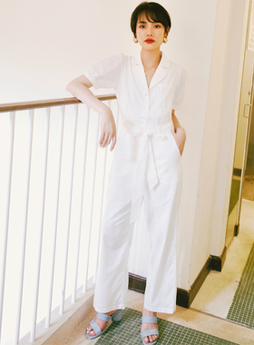 法式复古度假风v领连体裤白色高腰简约阔腿裤系带天丝收腰休闲裤