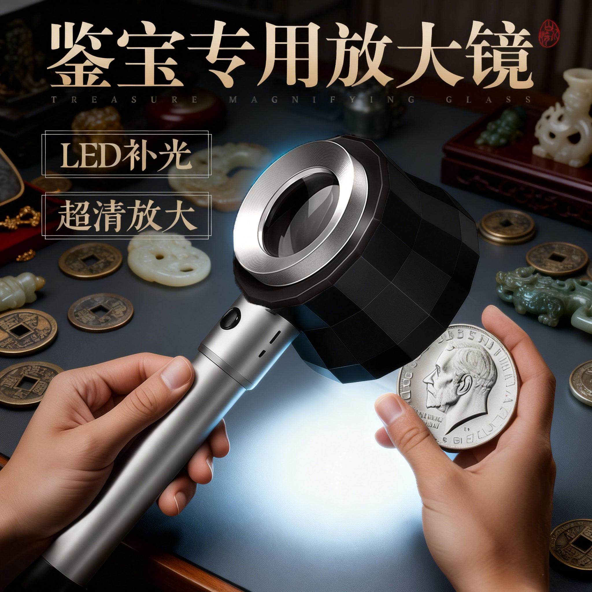 放大镜100倍鉴定专用高清正品手持便携式50带灯珠宝电子维修烟酒瓷器文玩茶叶邮票印刷手表专业鉴定60老人用