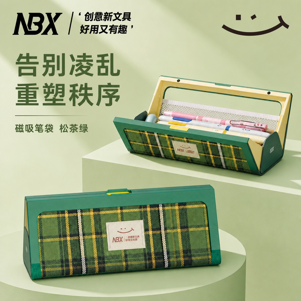 初中生笔袋女生高颜值ins风简约NBX大开口布丁磁吸学生免拉链大容量笔包复古格子文具盒防水防污男孩女孩款