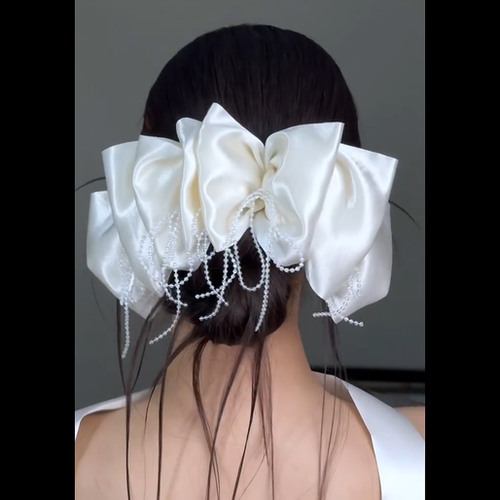 水舞B3090高级感串珠流苏大蝴蝶结弹簧夹发夹后脑勺顶夹气质头花