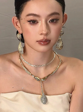 水舞 D1181新娘新款韩式轻奢金色项链闪钻千金风耳环风格妆容饰品