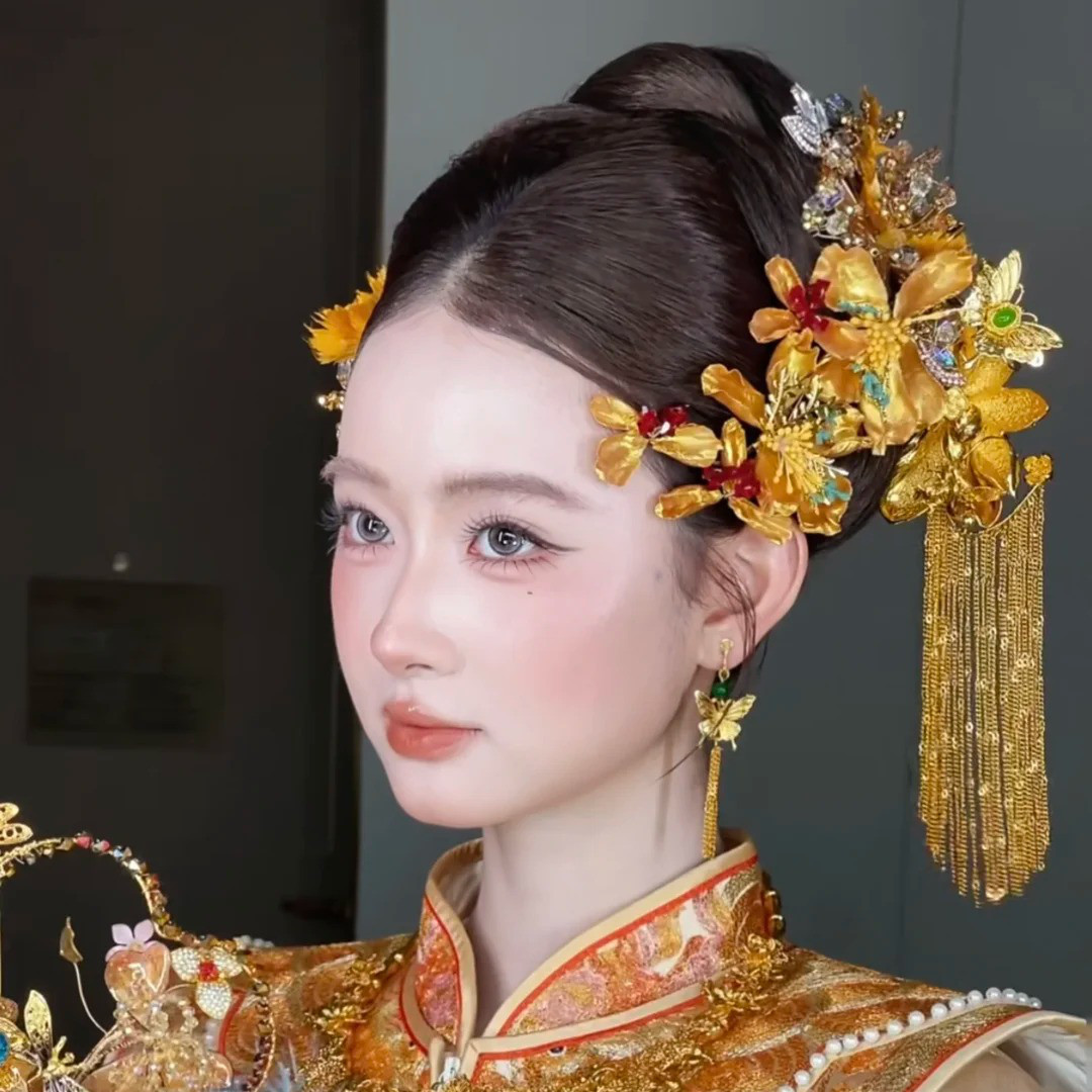水舞U2555金色花朵流苏中式新娘秀禾头饰大气发钗龙凤褂发饰配饰图片