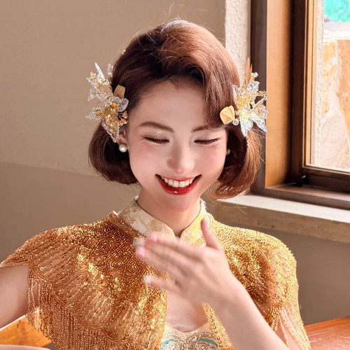 水舞A5335新款结婚金色蝶影羽毛新中式晨袍新娘头饰旗袍盘发配饰