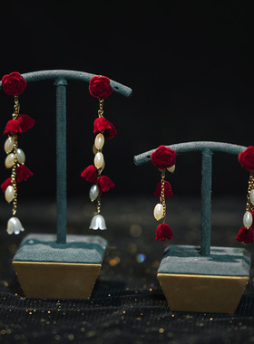 水舞H2025新娘耳环新中式长款流苏红色花朵耳钉女结婚订婚耳饰品