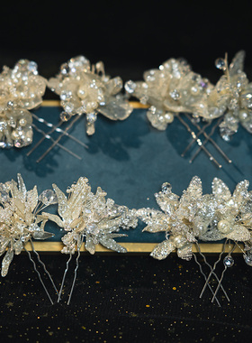 水舞C0518新娘头饰新款韩式手工花朵发簪子闪粉气质结婚纱发饰品