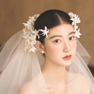 水舞A5295超仙法式白色复古小百合花边夹韩式头纱减龄新娘头饰