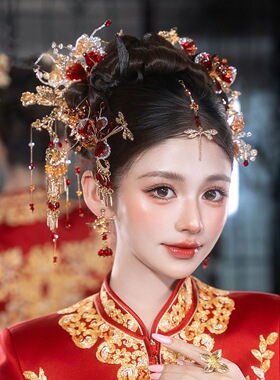 水舞U2573新中式金红色流苏发簪古风晨袍新娘秀禾服婚庆婚礼发饰