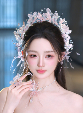 水舞A5281手工粉紫色水晶串珠蝴蝶发饰新娘婚纱礼服颈链时尚头饰