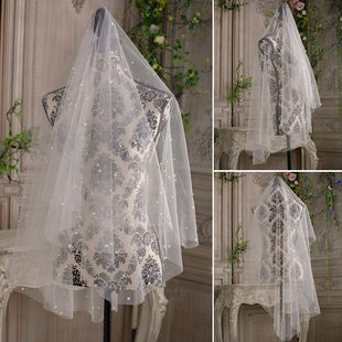 钉珠头纱拍照白色复古风软纱写真 水舞R0216新娘结婚头纱新款