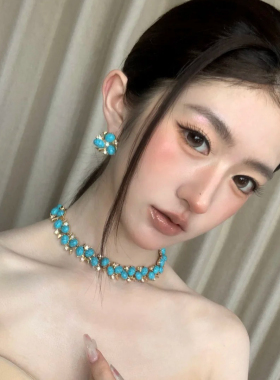 水舞D1232中古蓝色串珠项链轻奢高级感气质锁骨链晚礼服宴会配饰