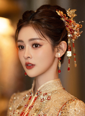 水舞 U1511中式金红色简约花朵新娘秀禾服头饰大气高级龙凤褂发饰