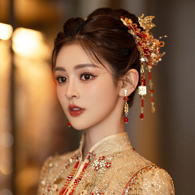 水舞 U1511中式金红色简约花朵新娘秀禾服头饰大气高级龙凤褂发饰