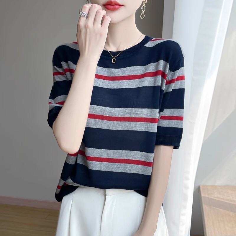 新款【莱赛尔天丝】女圆领休闲条纹短袖上衣T恤针织