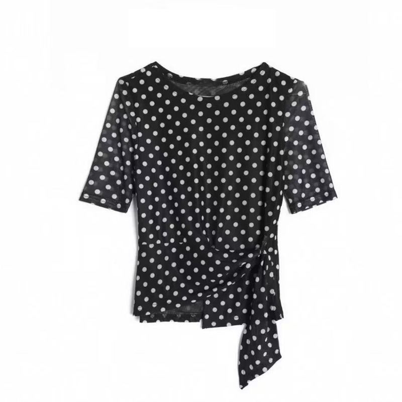新款中袖波点网纱上衣T恤女花圆领显瘦遮肚子洋气小衫