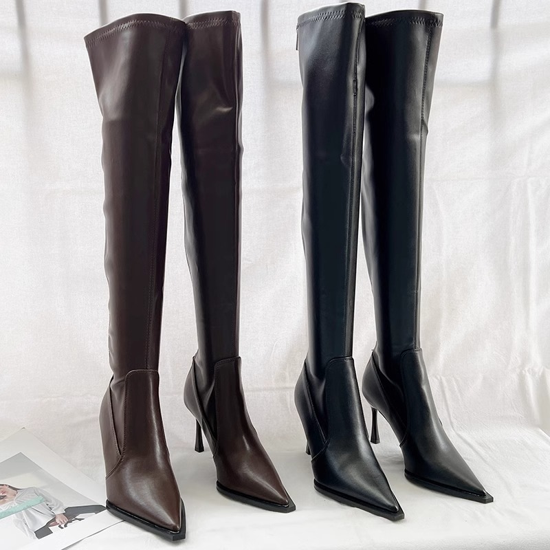 欧美后拉链瘦瘦靴细跟软皮过膝靴