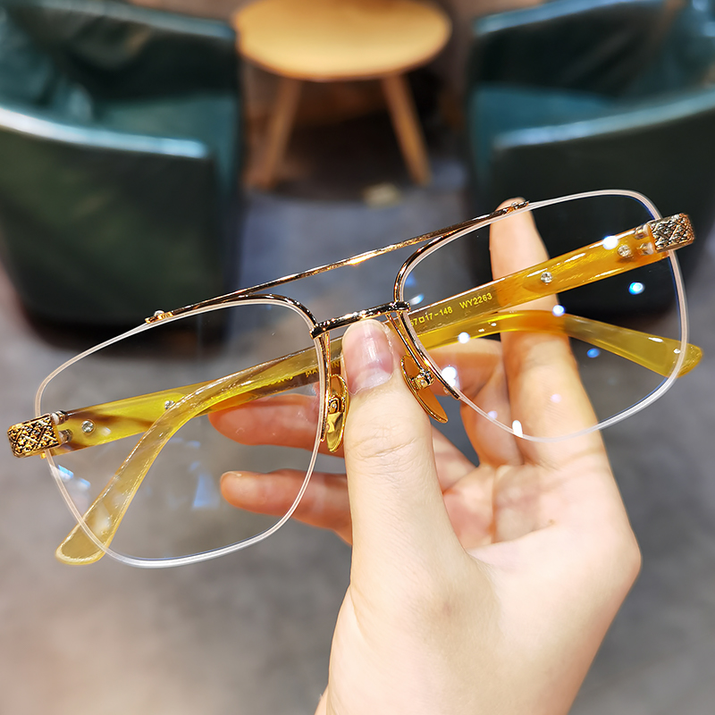 简丹萝心超轻无框近视镜钛商务男女双梁潮显瘦牛角斯文败类眼镜框