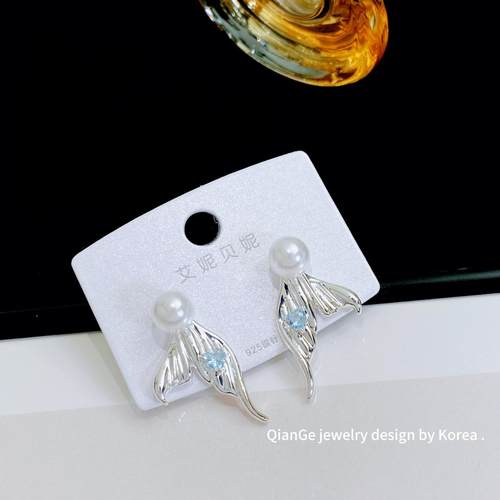 艾妮贝妮鱼尾爱心锆石珍珠耳钉