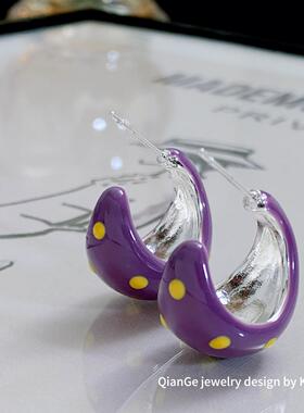 超新 紫色波点撞色滴釉C圈耳钉女 s925银针韩版ins风气质小众耳环