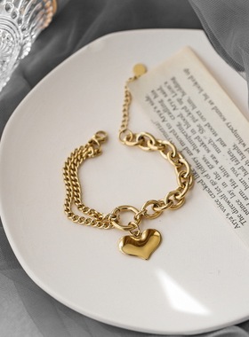 欧美复古爱心金色手链女ins网红潮人嘻哈小众个性简约不掉色
