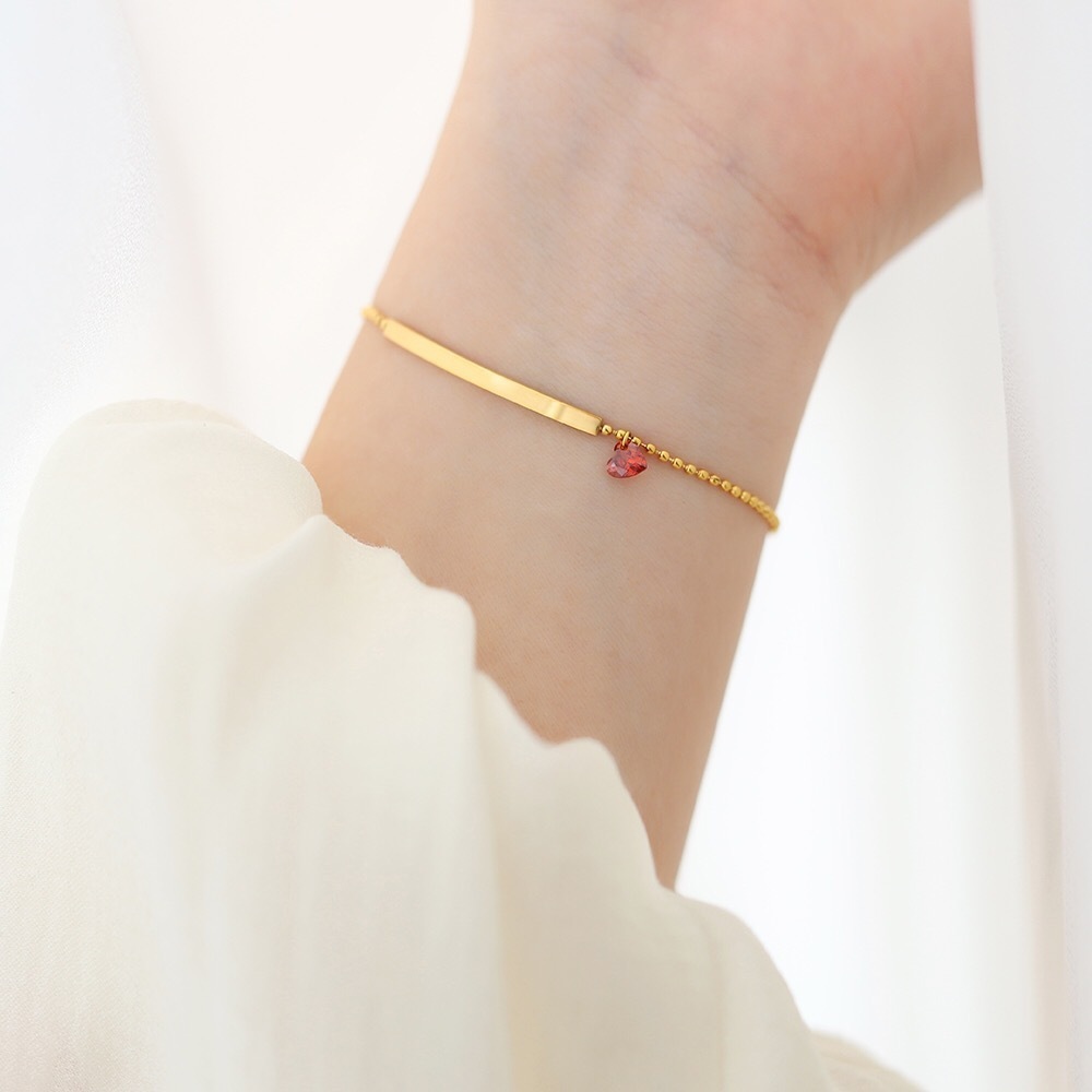 开运简约素雅红锆爱心光面条形钛钢手链百搭小巧锆石圆珠链手饰潮