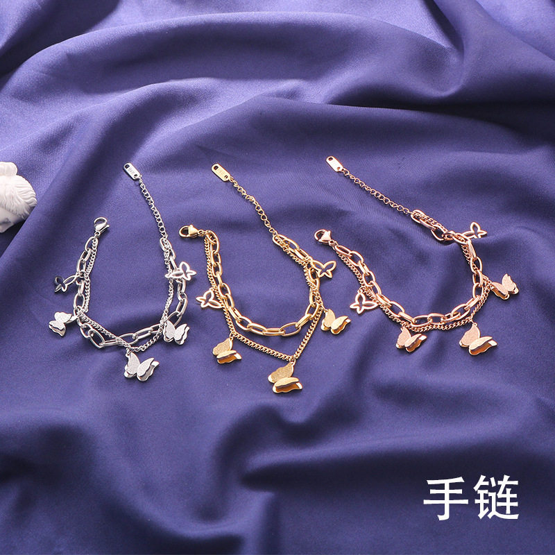钛钢18k玫瑰金蝴蝶双层手链女韩版简约个性ins小众设计闺蜜姐妹链