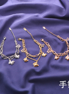 钛钢18k玫瑰金蝴蝶双层手链女韩版简约个性ins小众设计闺蜜姐妹链