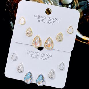 小巧气质镶钻水滴形一卡三对耳钉女 s925银针时尚简约设计感耳环