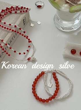 韩国圣诞新年单品轻奢锁骨链S925纯银红色圆珠铃铛项链小众组合款