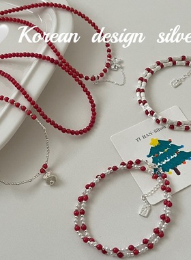 韩国轻奢锁骨链 S925纯银红色圆珠铃铛蝴蝶结项链 圣诞新年单品女