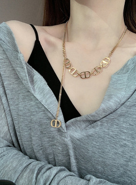 ins欧美设计感钛钢项链个性猪鼻子流苏锁骨链气质百搭长款毛衣链