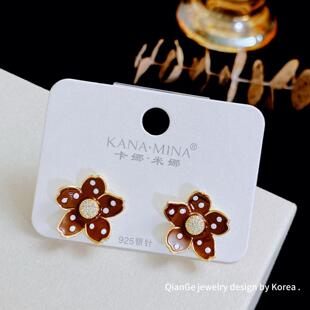 港风复古红色波点花朵耳钉女 s925银针气质优雅百搭耳环