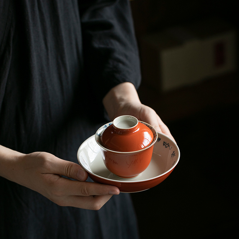 手绘矾红诗文三才盖碗壶承陶瓷功夫茶具家用简约泡茶器不烫手茶碗