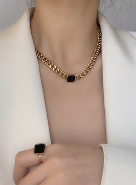 欧美个性夸张钛钢粗链项链网红百搭黑色方块锁骨链颈链女同款手链
