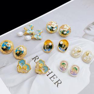 莫奈花园油画系天然珍珠耳钉 s925银针复古宫廷风小众设计感耳环