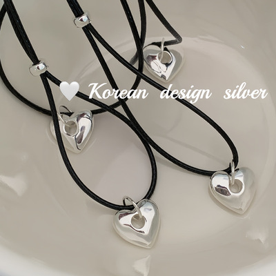 韩国ins博主同款饰品 S925纯银黑色牛皮绳爱心项链叠戴女百搭女款