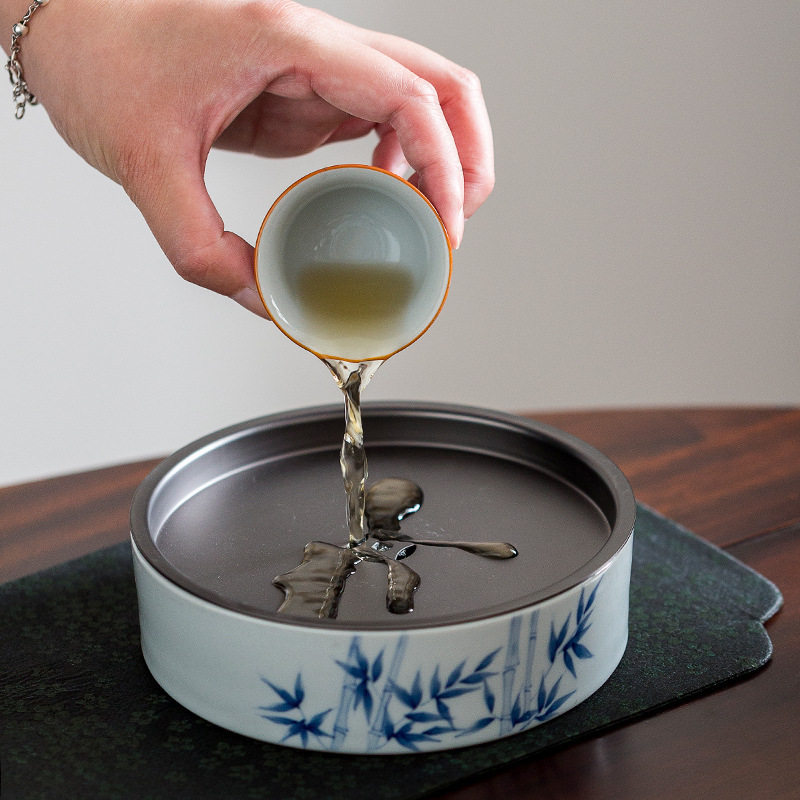 手绘青花竹子壶承紫砂壶壶托仿古泥陶瓷功夫茶具 储水锡盖 干泡台