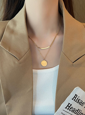 洗澡不用摘叠戴钛钢微笑双层项链女ins锁骨链圆牌小众设计网红潮