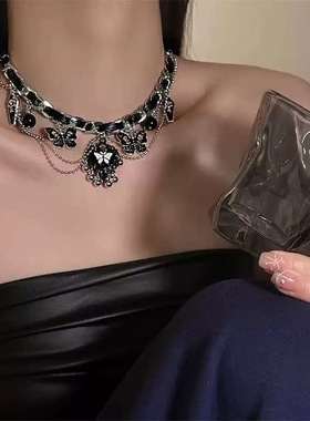 复古暗黑哥特风气质辣妹黑色爱心蝴蝶朋克项链甜酷多层个性颈链女