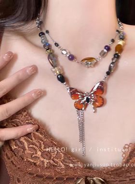 美拉德蝴蝶双层项链女轻奢小众高级感锁骨链个性辣妹颈链复古配饰