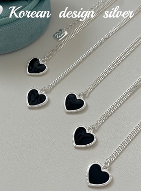 韩国东大门饰品 S925纯银 黑色爱心滴胶锁骨项链叠戴百搭女款