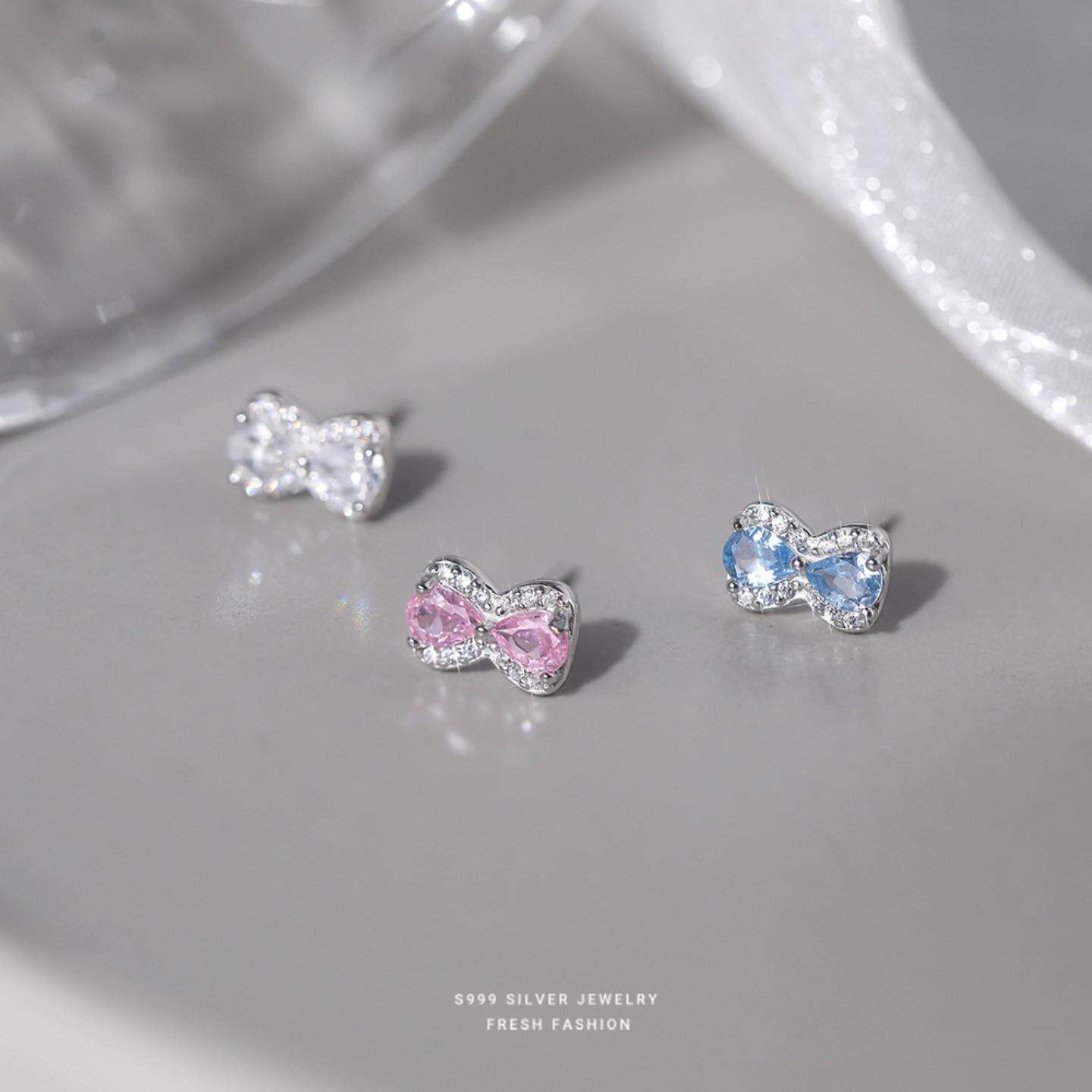 S999纯银甜美糖果彩锆蝴蝶结耳钉