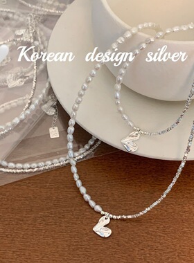 韩国创意小众设计重工银饰品 S925纯银 天然珍珠爱心项链高级感女