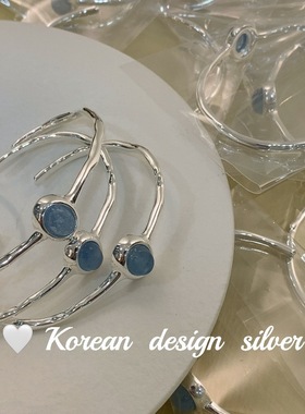 韩国ins爆款手镯 S925纯银椭圆形树枝海蓝宝手环 开口女款